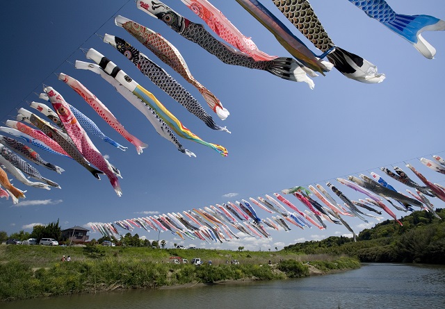 大空に鯉のぼりを揚げる会の様子